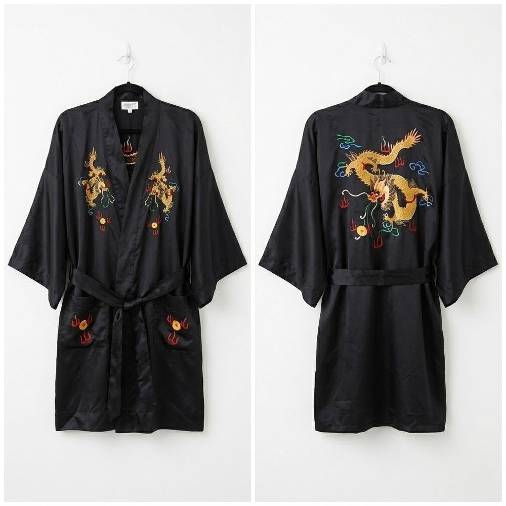 Dragon Kimono Robe Adult Large Black Satin Loungewear Asian Embroidered Luxury